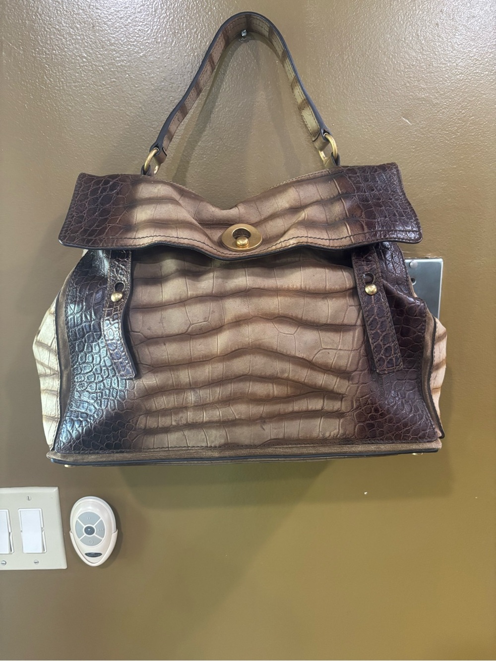 AUTHENTIC YVES SAINT LAURENT Muse Two Brown Embossed Leather Hand Bag